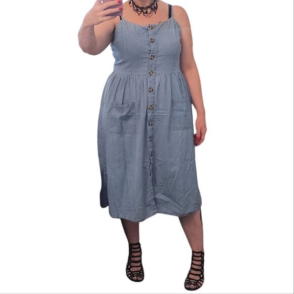 VTG 90s Blue Denim Button Front XL Midi Sundress Jumper with Pockets - Picture 8 of 14